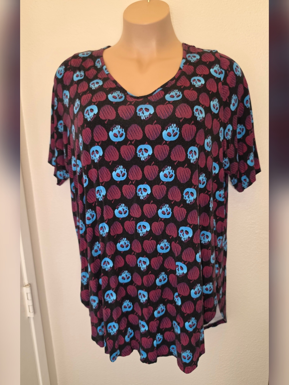 Disney Black Short-Sleeve V-Neck Top with Blue & Purple Skull Print